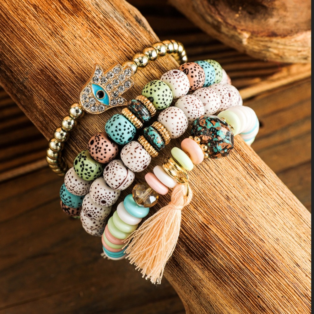 MultiColor Rhinestone Tassel beaded Bracelet w/Hamsa Hand